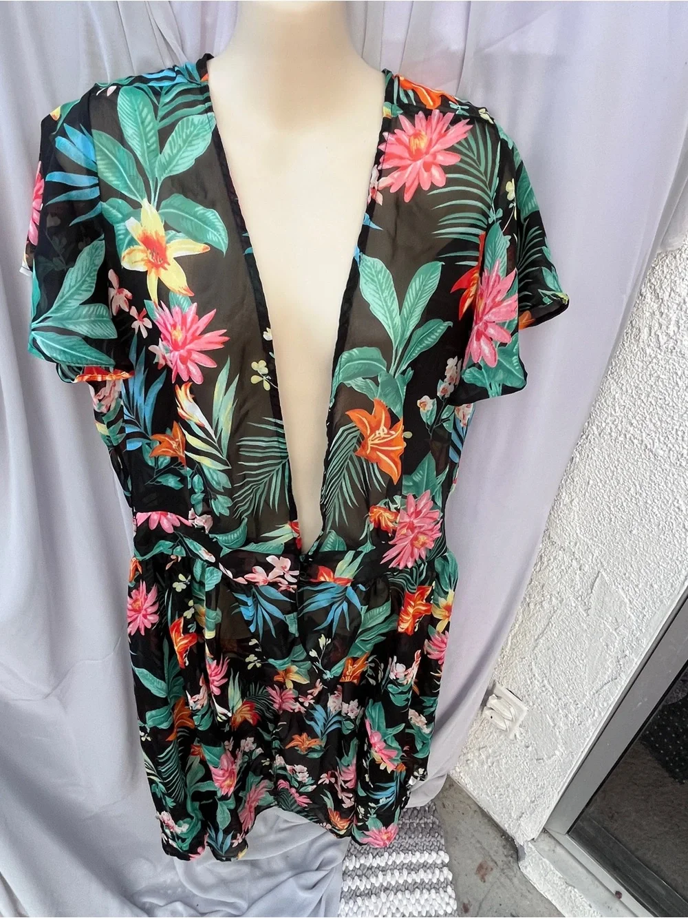Derek Heart Black Tropical Floral Deep V Swim Cover-Up